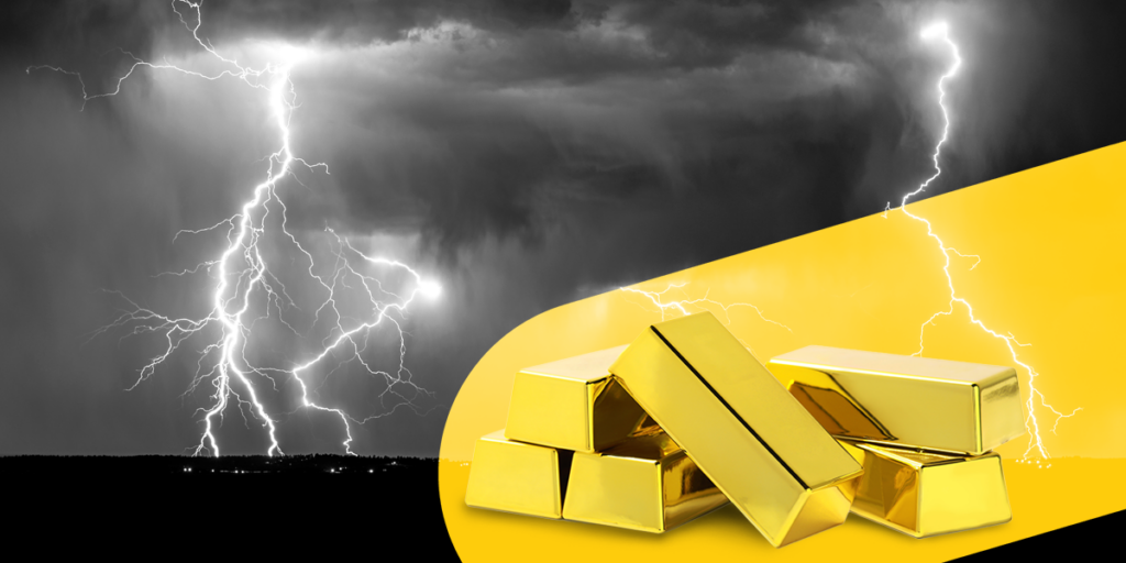 Gold bars with a thunderstorm in the background